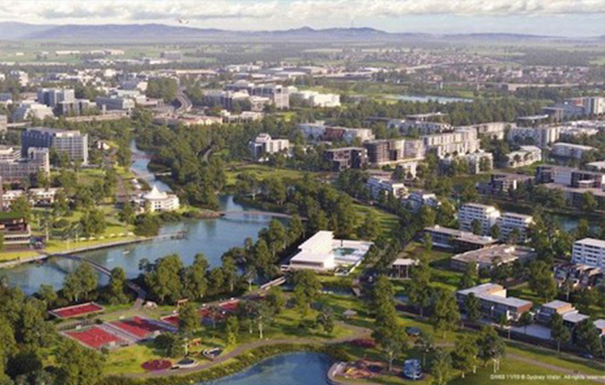 An artist impression of the Western Parkland City centred around South Creek Wianamatta, where integrated planning delivers a city which reimagines liveability