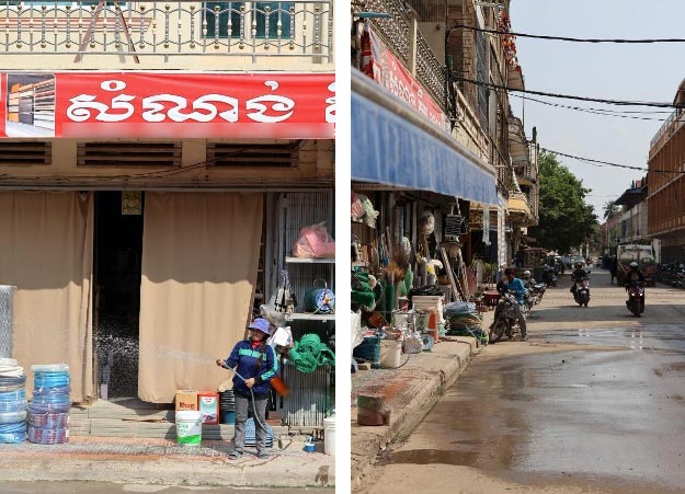 Woman spraying water to cool the house and road in Street 2, Battambang Municipality